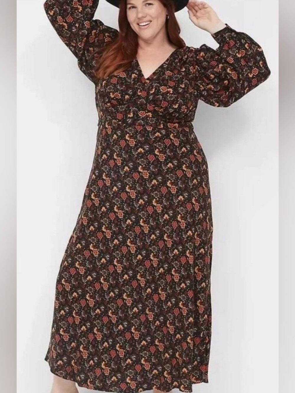 NWT- Lane Bryant Floral V-Neck Long Sleeve Maxi Dress-Black/Red/Orange - Size 20